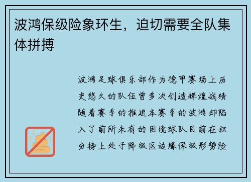 波鸿保级险象环生，迫切需要全队集体拼搏